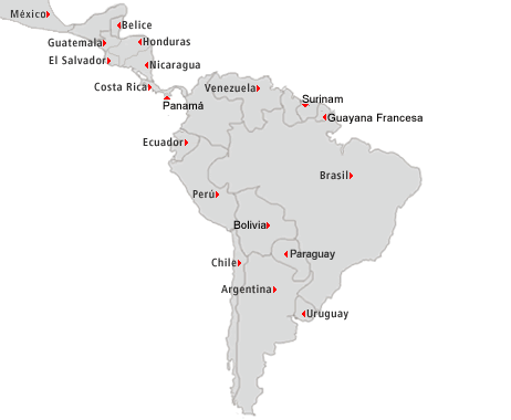 Mapa de países de Latinoamérica donde impartimos clase